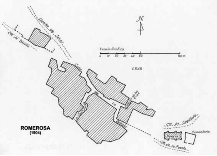 Figura 9.- Plano urbano de Romerosa, dibujado por Juan Luis Pérez Arribas (Pueblos perdidos de la Sierra Noroeste de Guadalajara. Página 52)